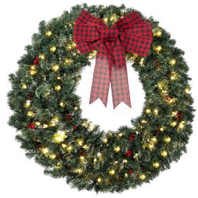 48" Prelit Crestwood Spruce Artificial Christmas Wreath, Christmas Decor with Bow, 8 Modes, Red Berries, Pinecones