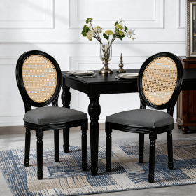 French Country Dining Chairs Set of 2, Upholstered Chairs with Rattan Round Back, for Living Room, Kitchen , Restaurant Use, Black Solid Wood Fra