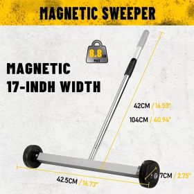 17 Inch Rolling Magnetic Sweeper with Wheels, Heavy Duty Magnetic Pickup Tool with Adjustable Handle, 8.8 LBS Nail Collector for Garage, Workshop
