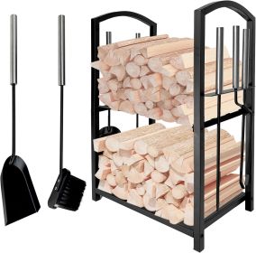 Firewood Rack Indoor with 4pcs Fireplace Tools Set,Iron Wood Rack for Firewood Storage,Log Holder for Outdoor Fire Pit and Wood Stove with Poker,