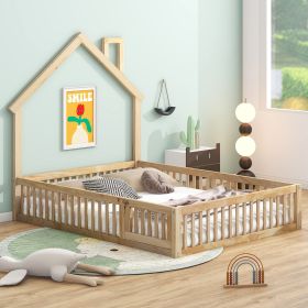 Wood Full Size House Platform Bed with Guardrail (Color: Natural)