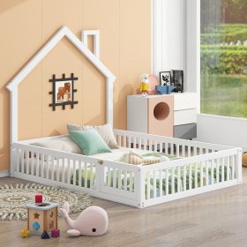 Wood Full Size House Platform Bed with Guardrail (Color: White)